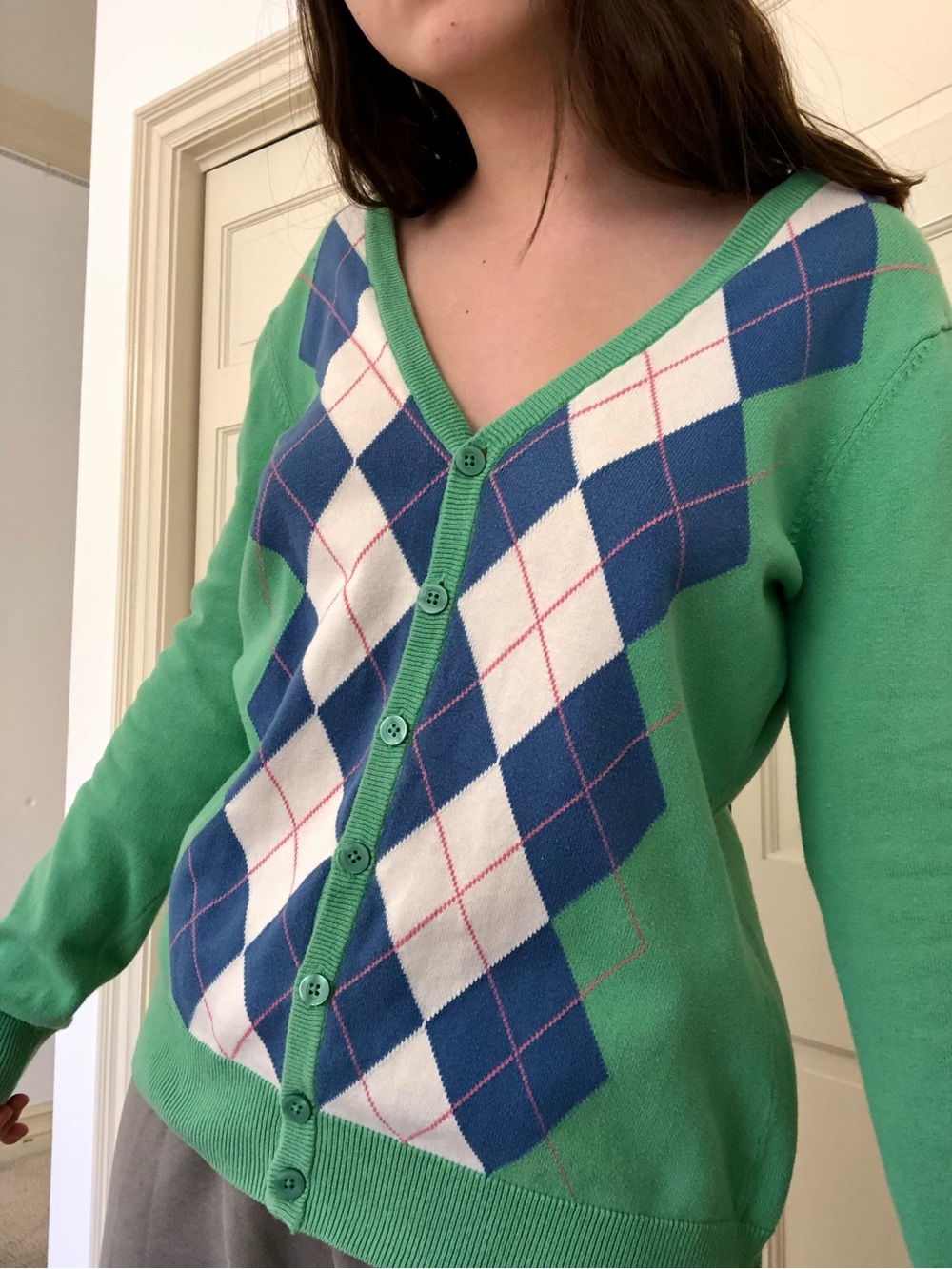 Green Argyle V-Neck Button Cardigan Sweater